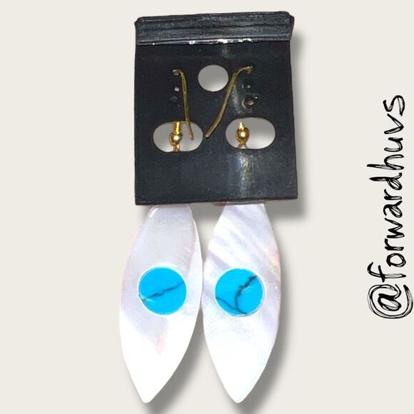 Handcrafted Mother of Pearl Earrings with Faux Turquoise Stone Inlay - Picture 5 of 7